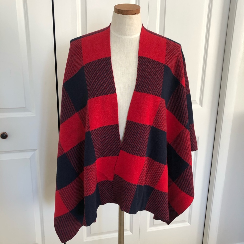 Red and navy buffalo check poncho.